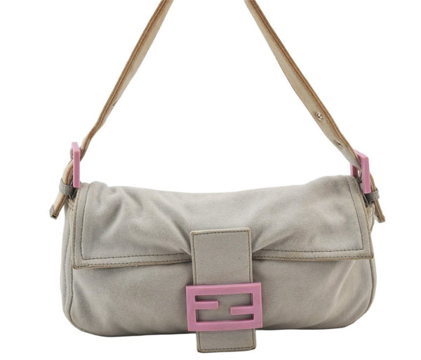 Authentic FENDI Mamma Baguette Shoulder Hand Bag Jersey Leather Light Gray 5645K