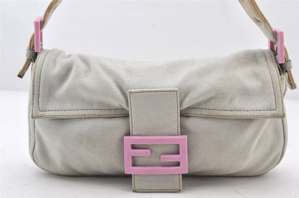 Authentic FENDI Mamma Baguette Shoulder Hand Bag Jersey Leather Light Gray 5645K