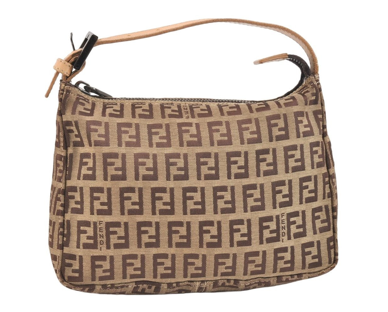 Authentic FENDI Zucchino Hand Bag Pouch Purse Canvas Leather Brown 5647K