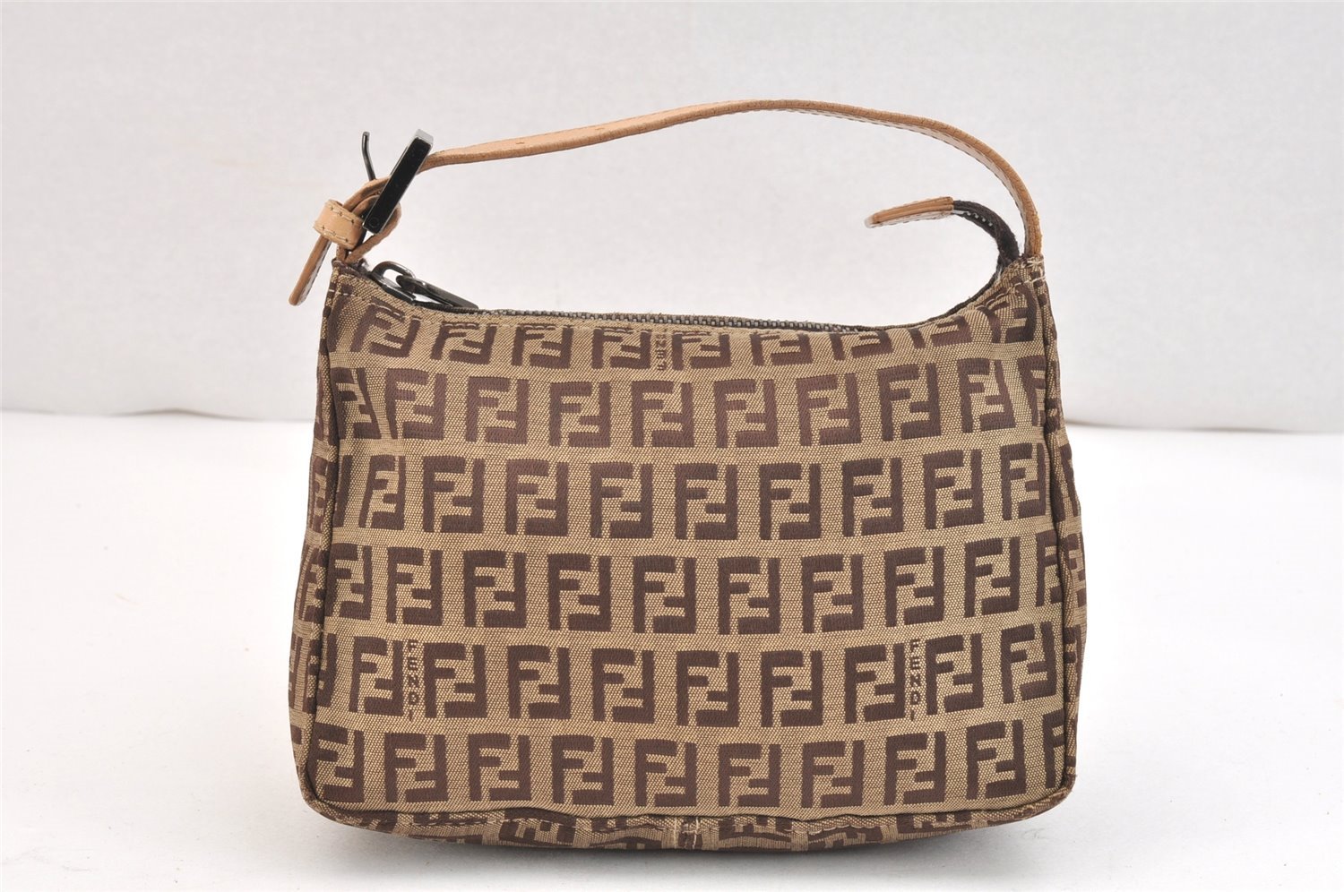 Authentic FENDI Zucchino Hand Bag Pouch Purse Canvas Leather Brown 5647K