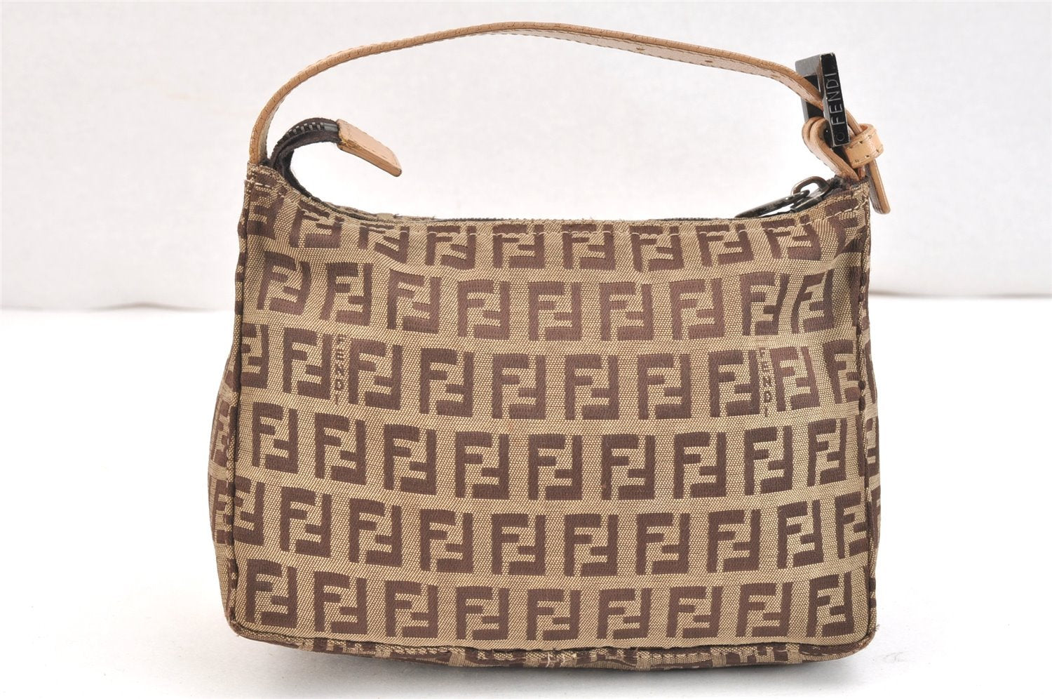 Authentic FENDI Zucchino Hand Bag Pouch Purse Canvas Leather Brown 5647K