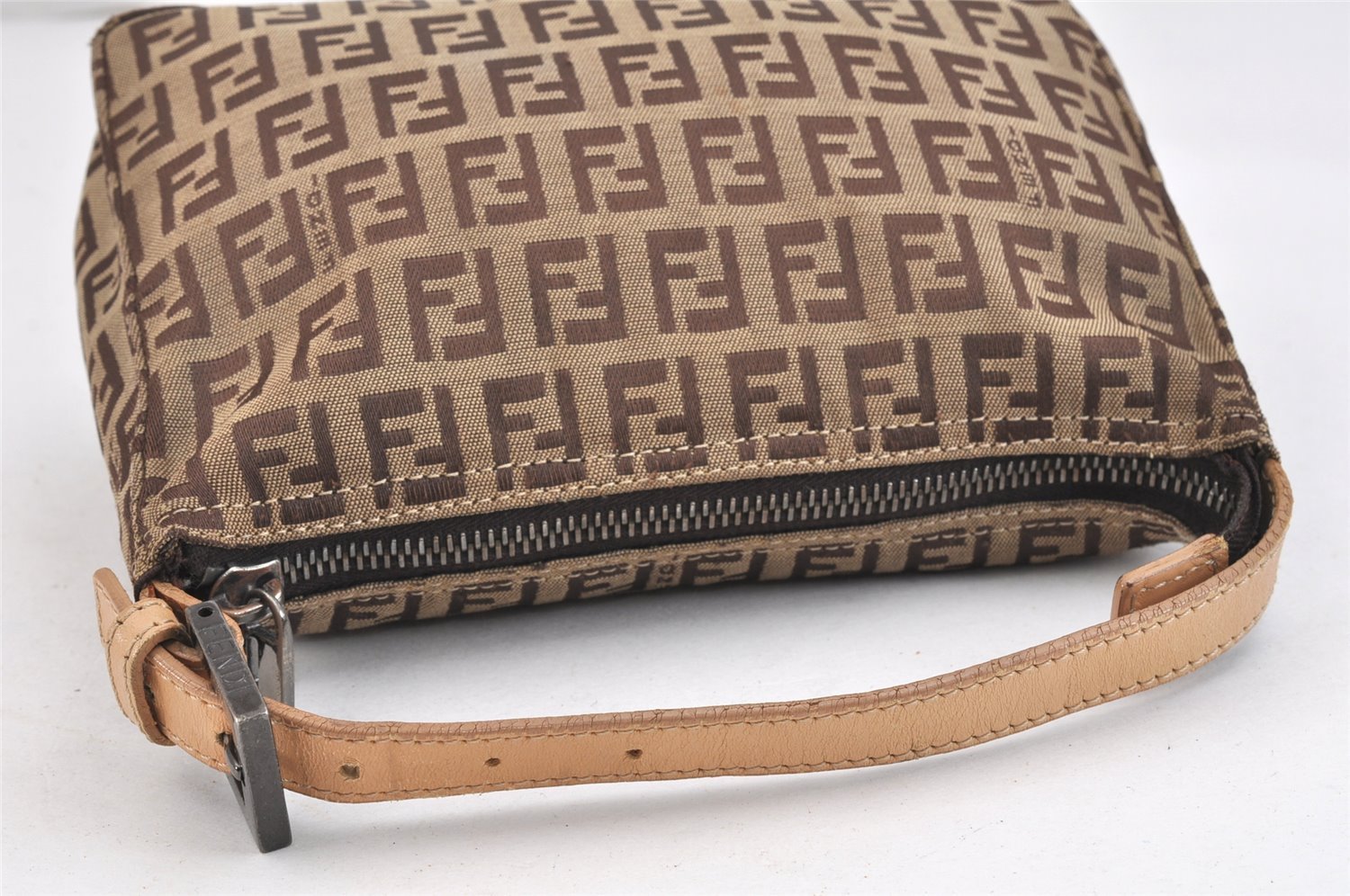 Authentic FENDI Zucchino Hand Bag Pouch Purse Canvas Leather Brown 5647K