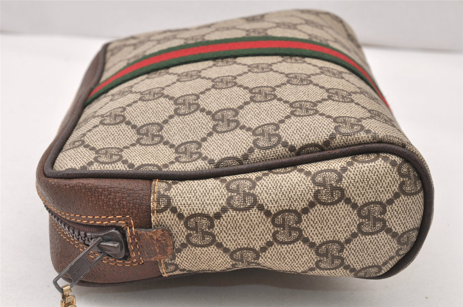 Authentic GUCCI Web Sherry Line Clutch Hand Bag Purse GG PVC Leather Brown 5650K