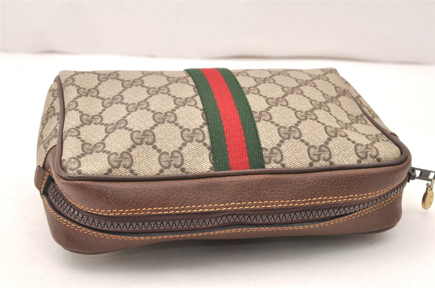 Authentic GUCCI Web Sherry Line Clutch Hand Bag Purse GG PVC Leather Brown 5650K