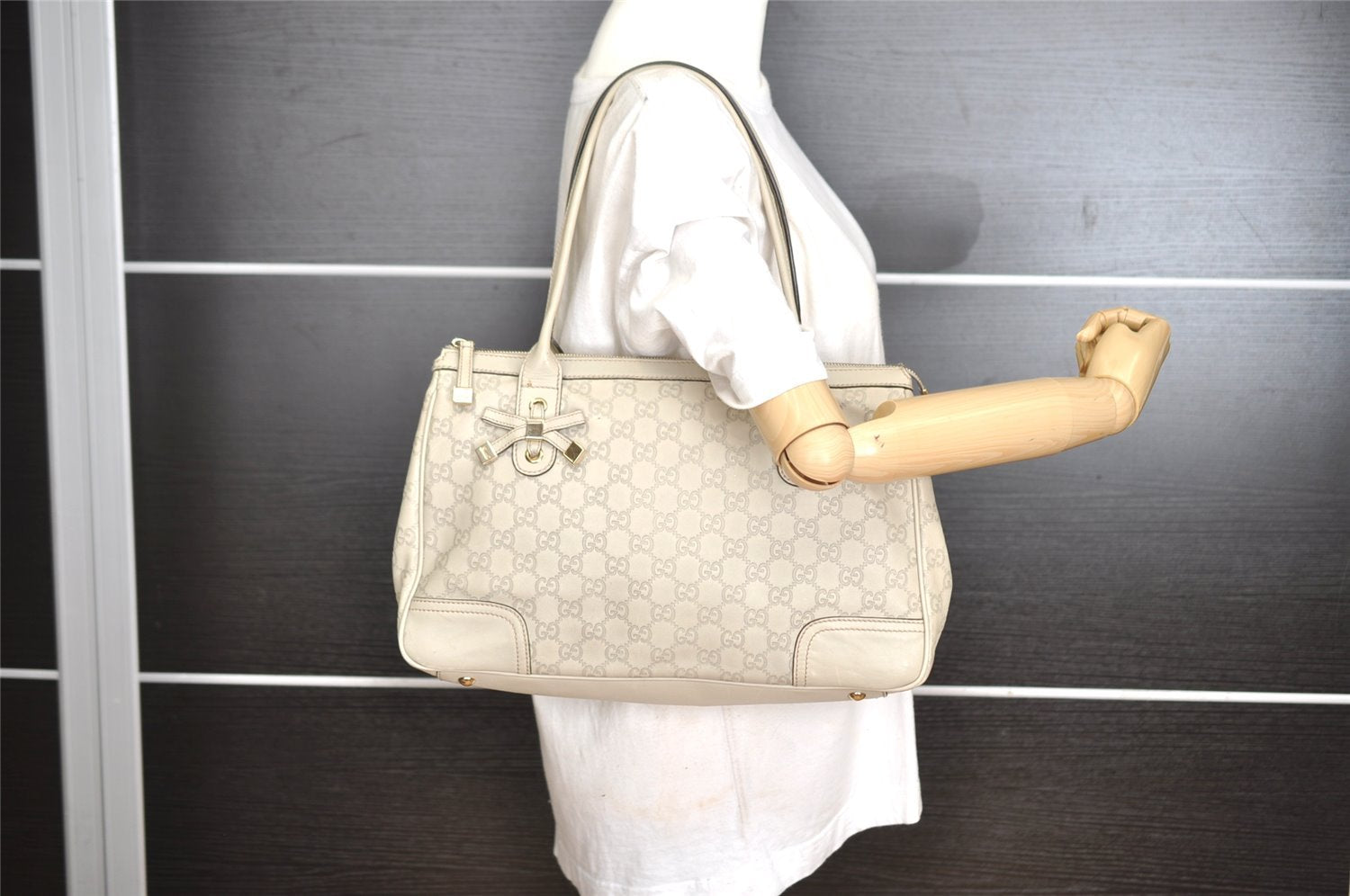Authentic GUCCI Guccissima Princy Tote Bag GG Leather 177052 White 5651I