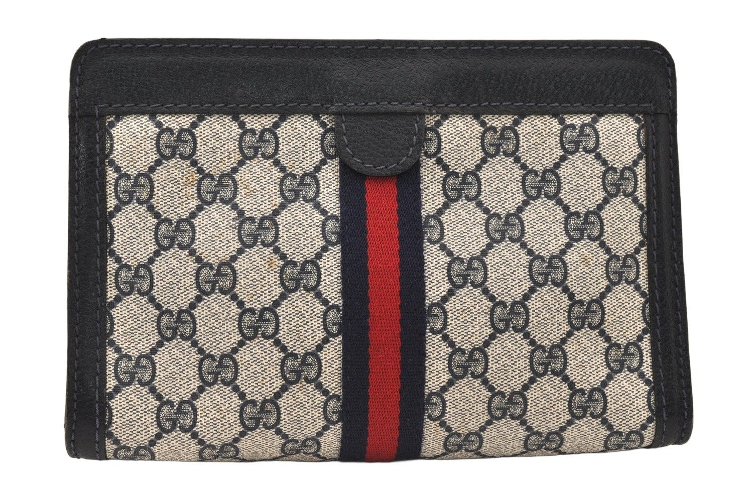 Authentic GUCCI Sherry Line Clutch Hand Bag Purse GG PVC Leather Navy Blue 5651K