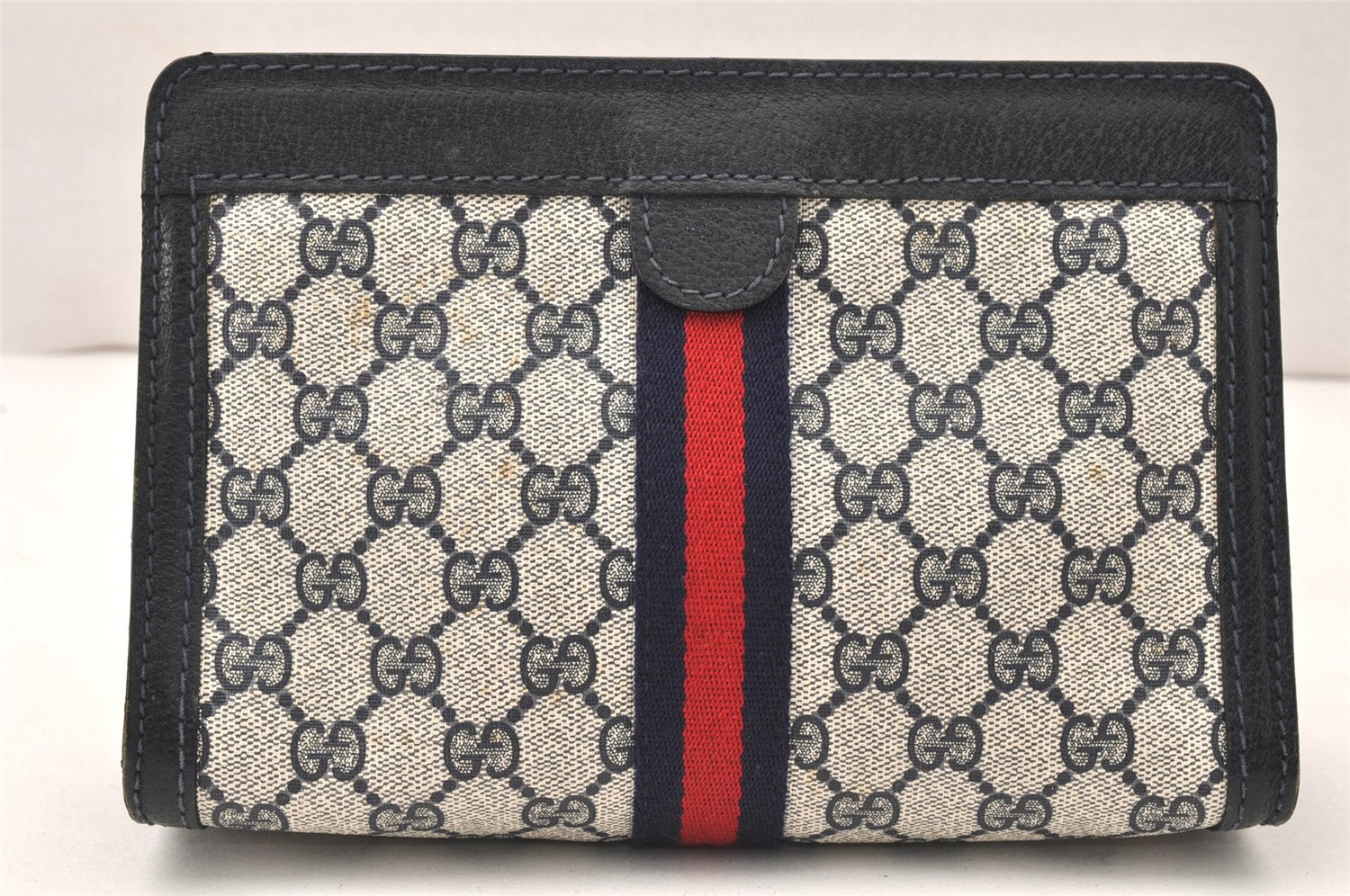 Authentic GUCCI Sherry Line Clutch Hand Bag Purse GG PVC Leather Navy Blue 5651K