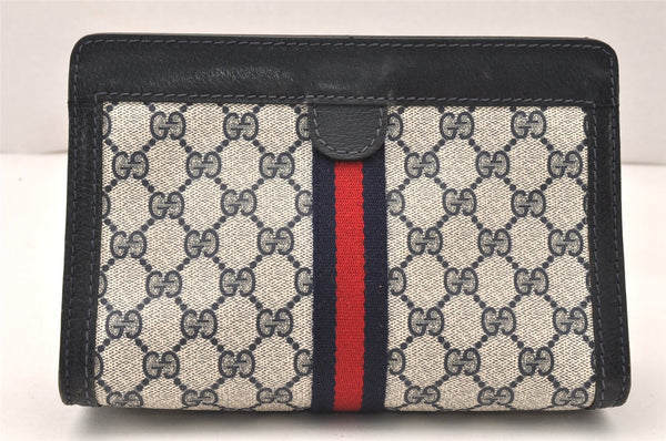 Authentic GUCCI Sherry Line Clutch Hand Bag Purse GG PVC Leather Navy Blue 5651K