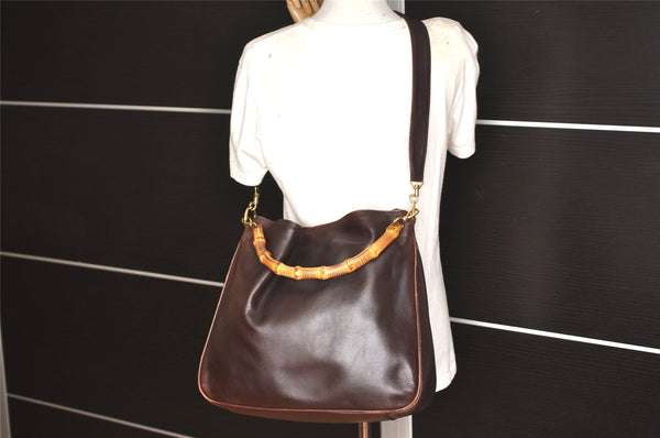 Authentic GUCCI Vintage Bamboo 2Way Shoulder Hand Bag Leather Brown Junk 5655K