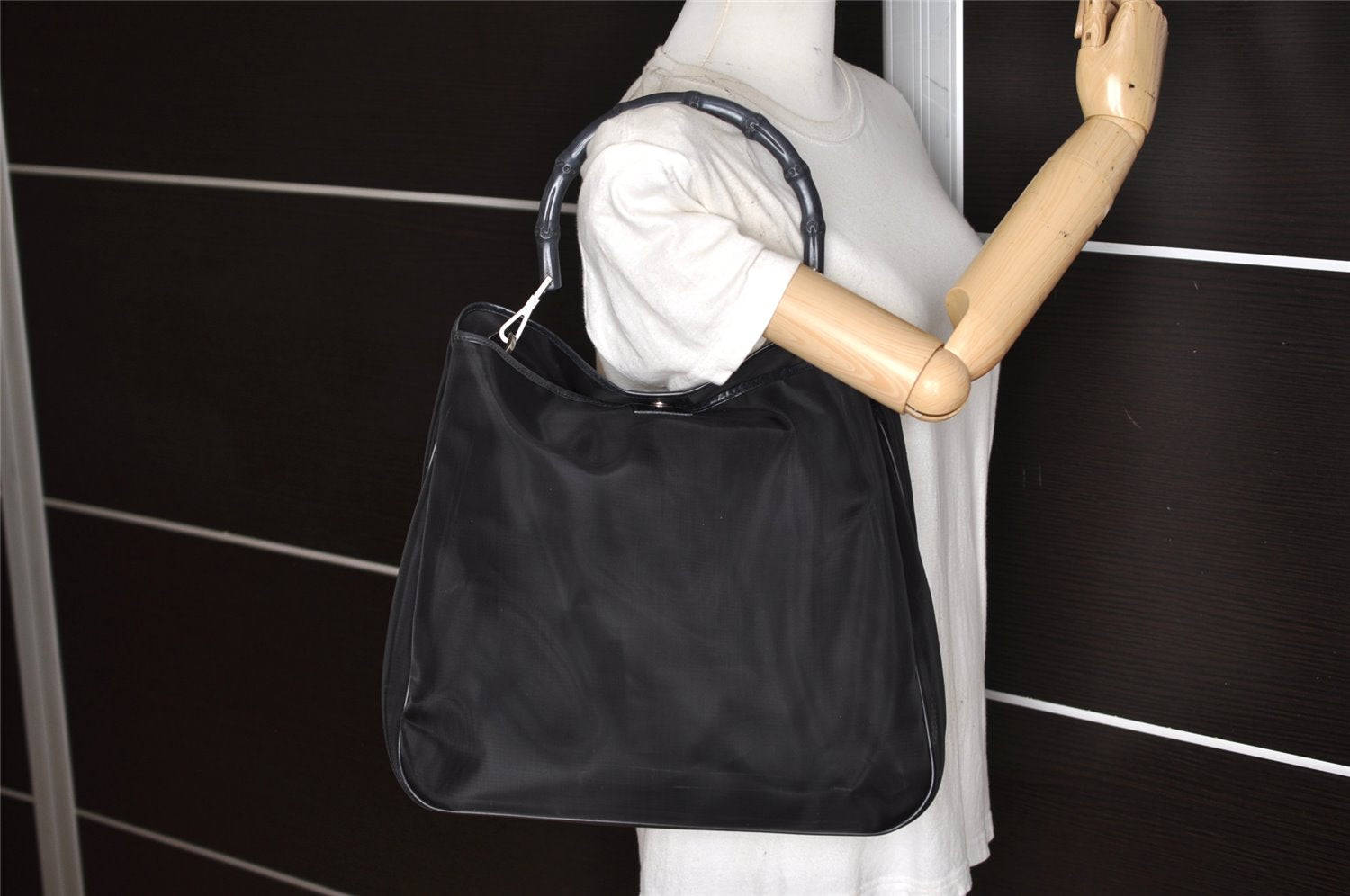 Authentic GUCCI Bamboo Shoulder Hand Bag Purse Mesh Leather 0015577 Black 5658K