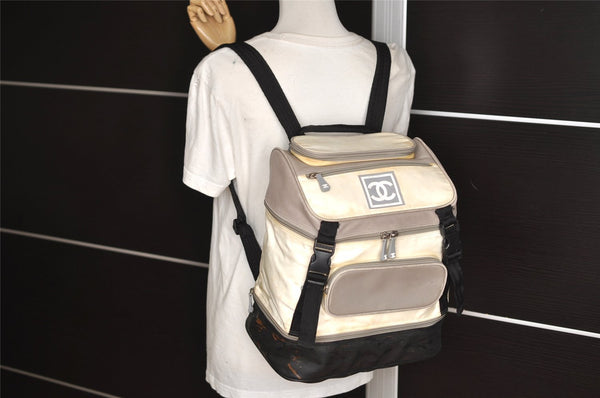 Authentic CHANEL Sports Line Nylon Leather CC Logo Backpack White Gray 5665J