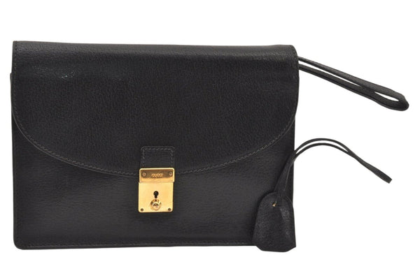 Authentic GUCCI Vintage Clutch Hand Bag Purse Leather Black 5665K