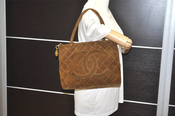 Authentic CHANEL Suede Medallion CoCo Mark Shoulder Tote Bag Brown 5666I