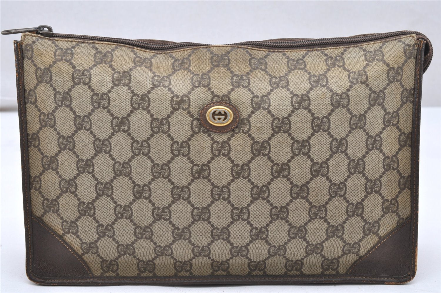 Authentic GUCCI Vintage Clutch Hand Bag Purse GG PVC Leather Brown 5668K