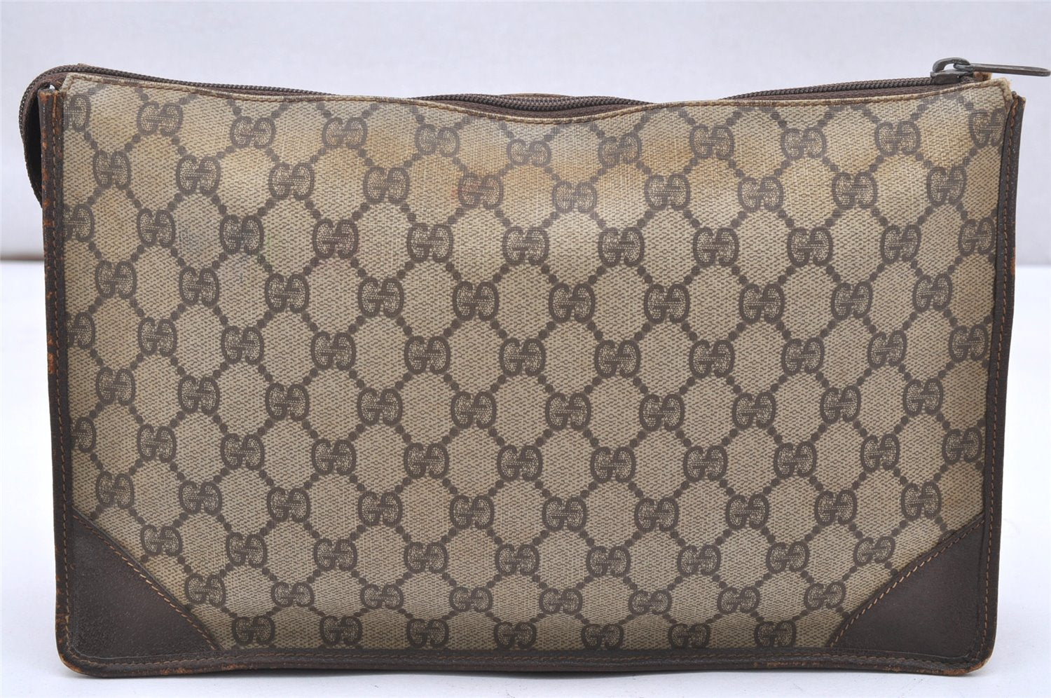 Authentic GUCCI Vintage Clutch Hand Bag Purse GG PVC Leather Brown 5668K