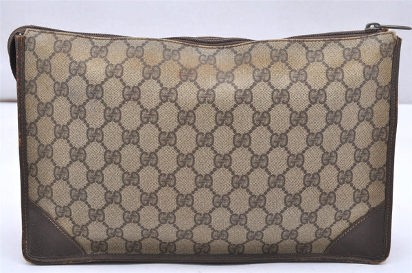 Authentic GUCCI Vintage Clutch Hand Bag Purse GG PVC Leather Brown 5668K