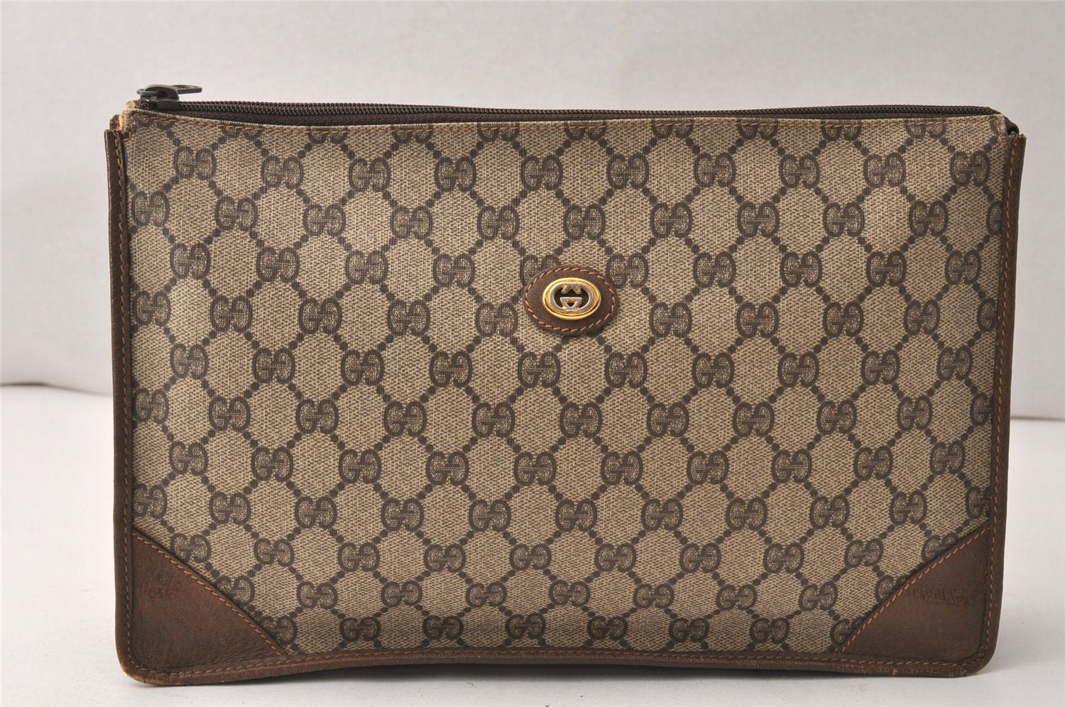 Authentic GUCCI Vintage Clutch Hand Bag Purse GG PVC Leather Brown 5669K