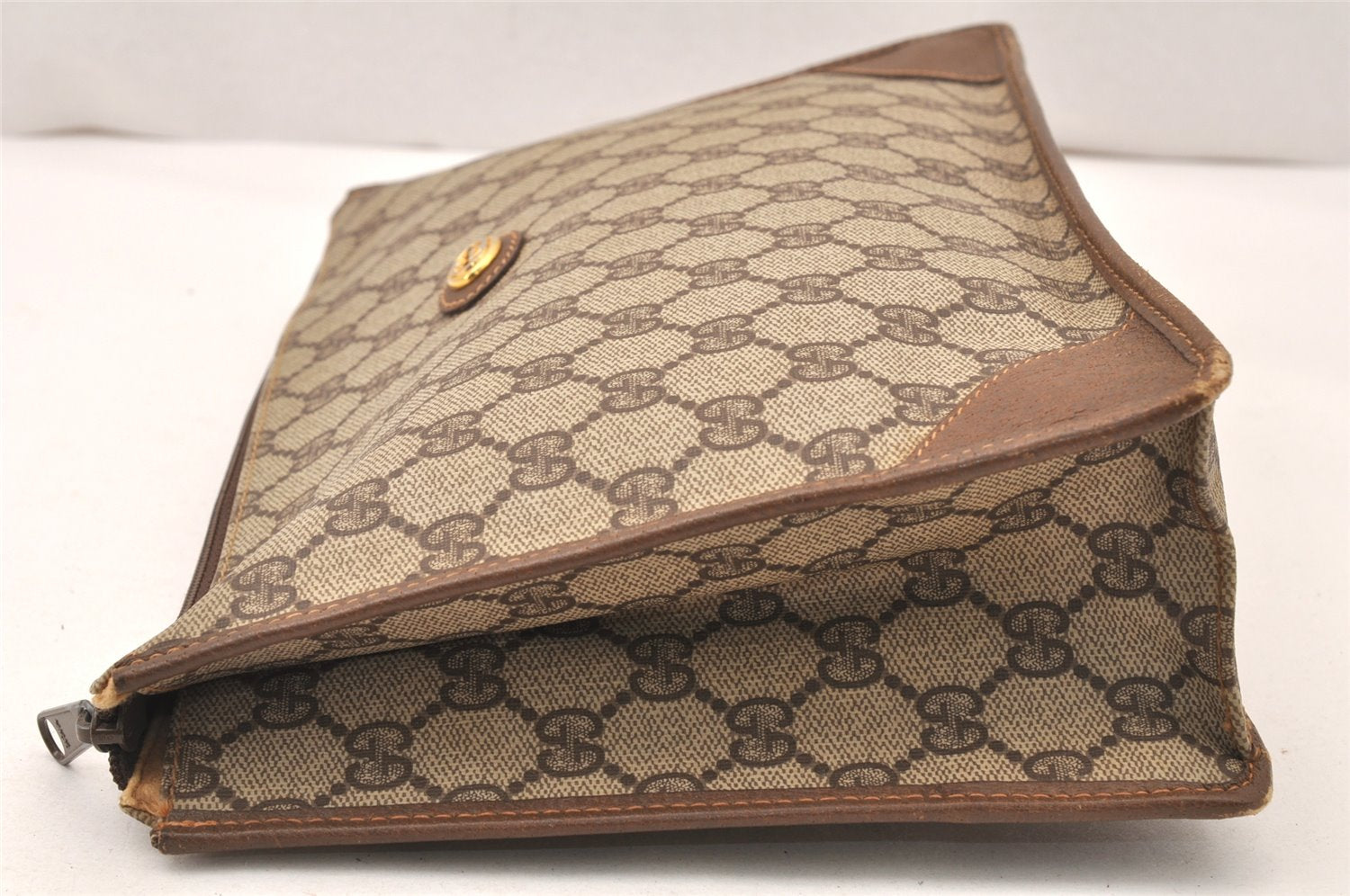 Authentic GUCCI Vintage Clutch Hand Bag Purse GG PVC Leather Brown 5669K