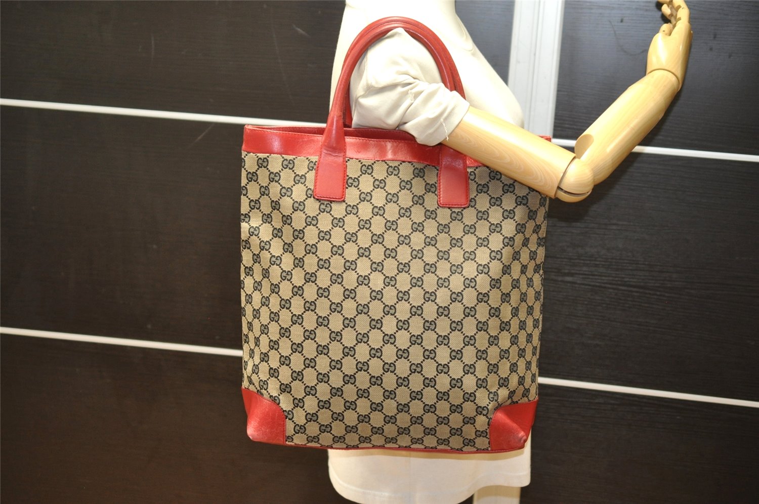 Authentic GUCCI Shoulder Tote Bag GG Canvas Leather 0021121 Black Beige 5670K