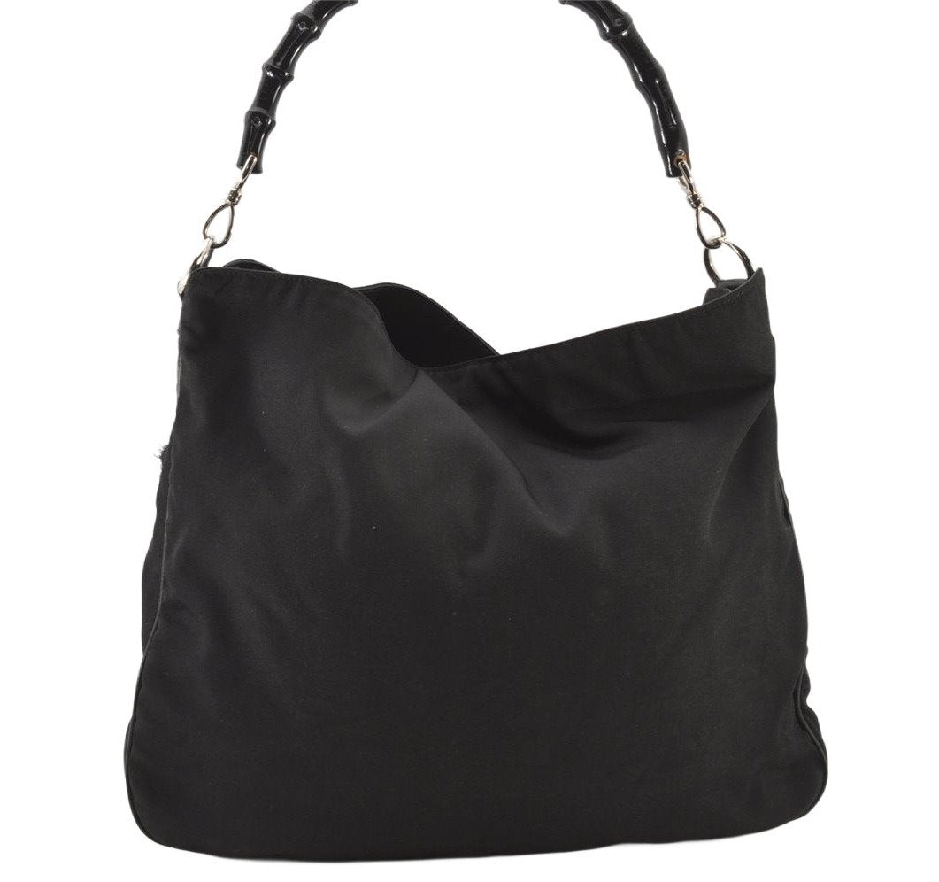 Authentic GUCCI Bamboo Shoulder Hand Bag Purse Nylon Leather 0011577 Black 5671K