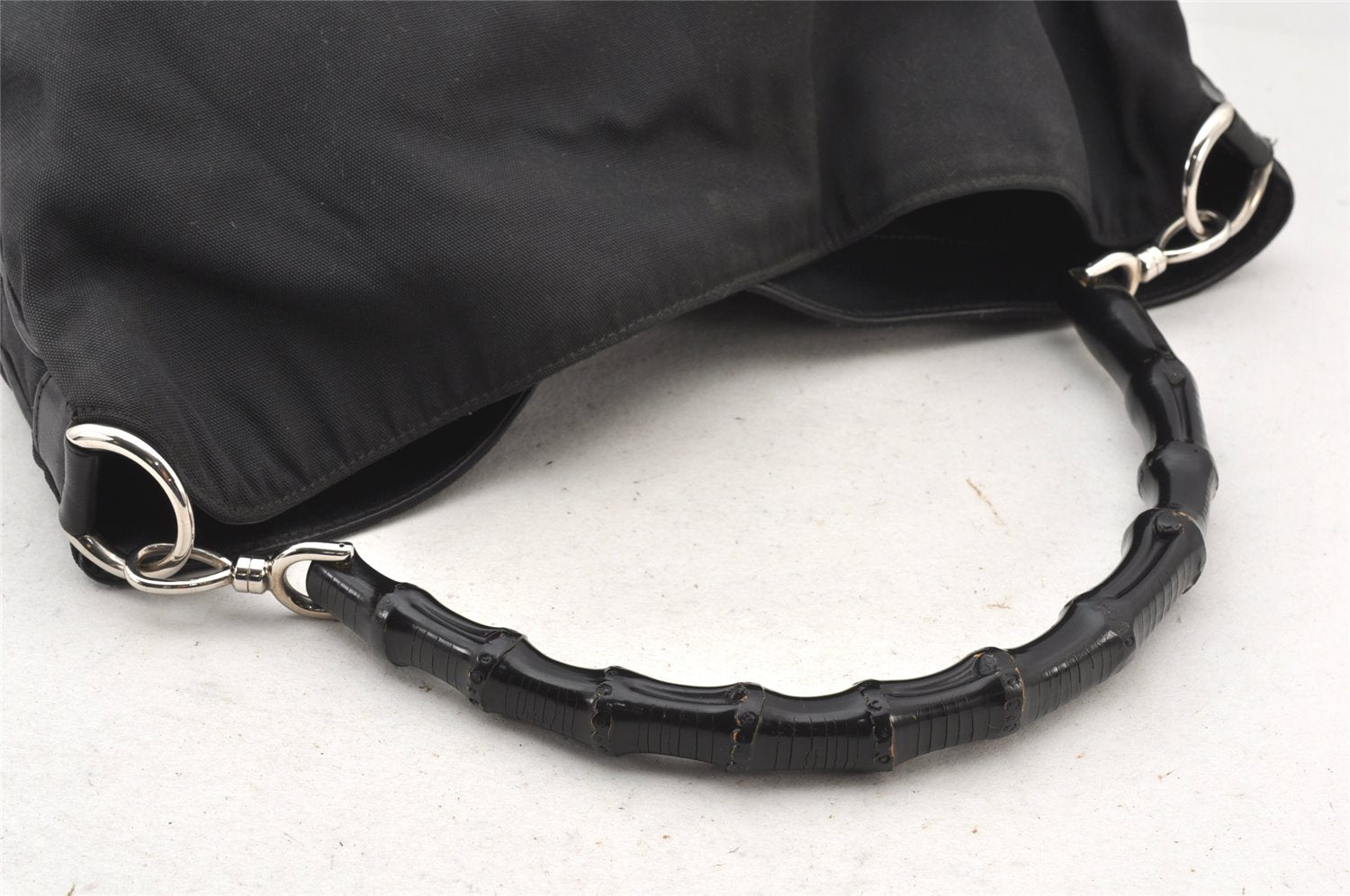 Authentic GUCCI Bamboo Shoulder Hand Bag Purse Nylon Leather 0011577 Black 5671K
