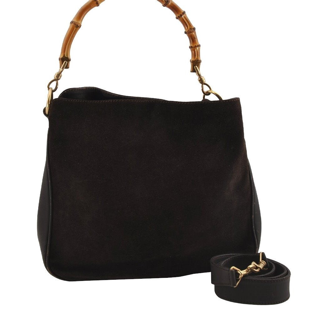 Authentic GUCCI Bamboo 2Way Shoulder Hand Bag Suede Leather Brown Junk 5676J