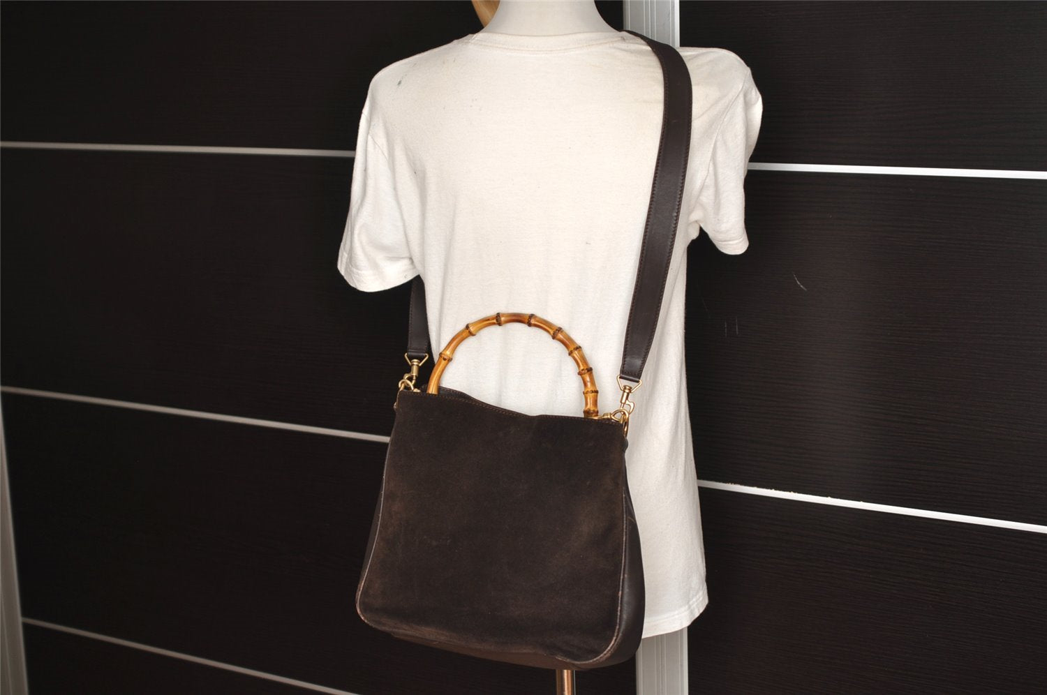 Authentic GUCCI Bamboo 2Way Shoulder Hand Bag Suede Leather Brown Junk 5676J