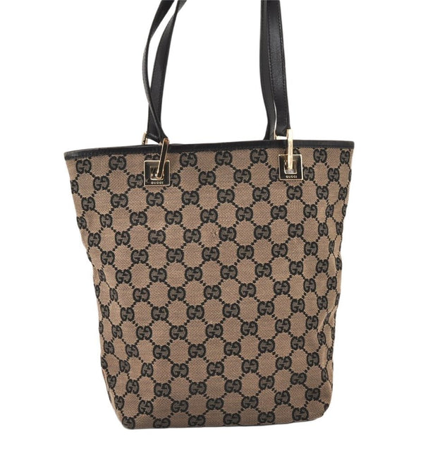 Authentic GUCCI Vintage Shoulder Tote Bag Purse GG Canvas Leather Black 5681K