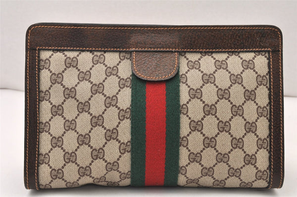 Authentic GUCCI Web Sherry Line Clutch Hand Bag Purse GG PVC Leather Brown 5684K