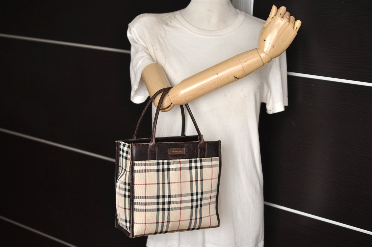 Authentic BURBERRY Nova Check Nylon Leather Tote Hand Bag Purse Beige 5686K