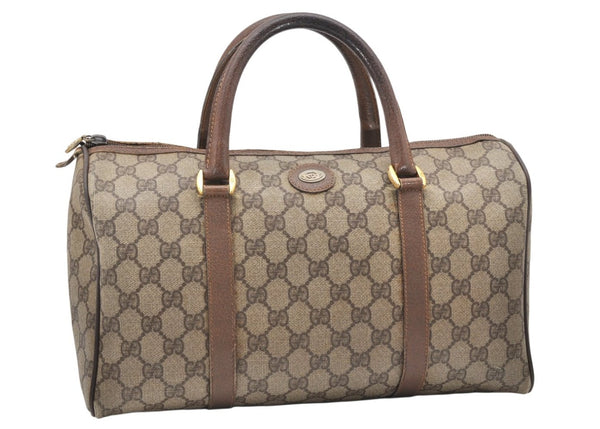 Authentic GUCCI Vintage Hand Boston Bag Purse GG PVC Leather Brown 5687K