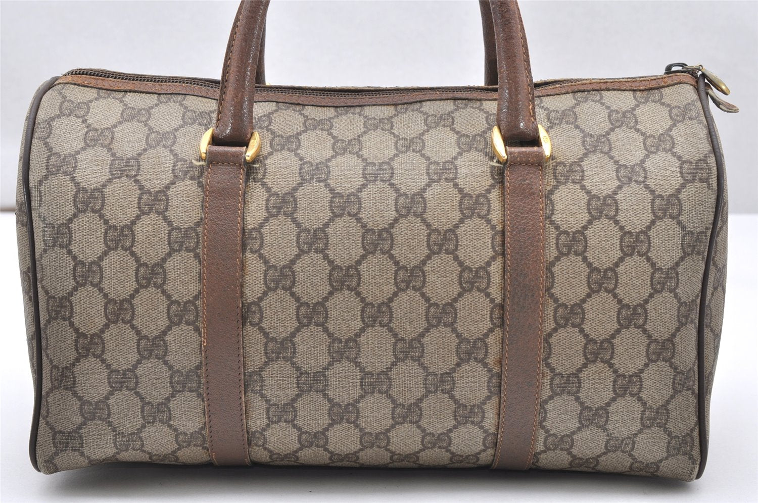 Authentic GUCCI Vintage Hand Boston Bag Purse GG PVC Leather Brown 5687K