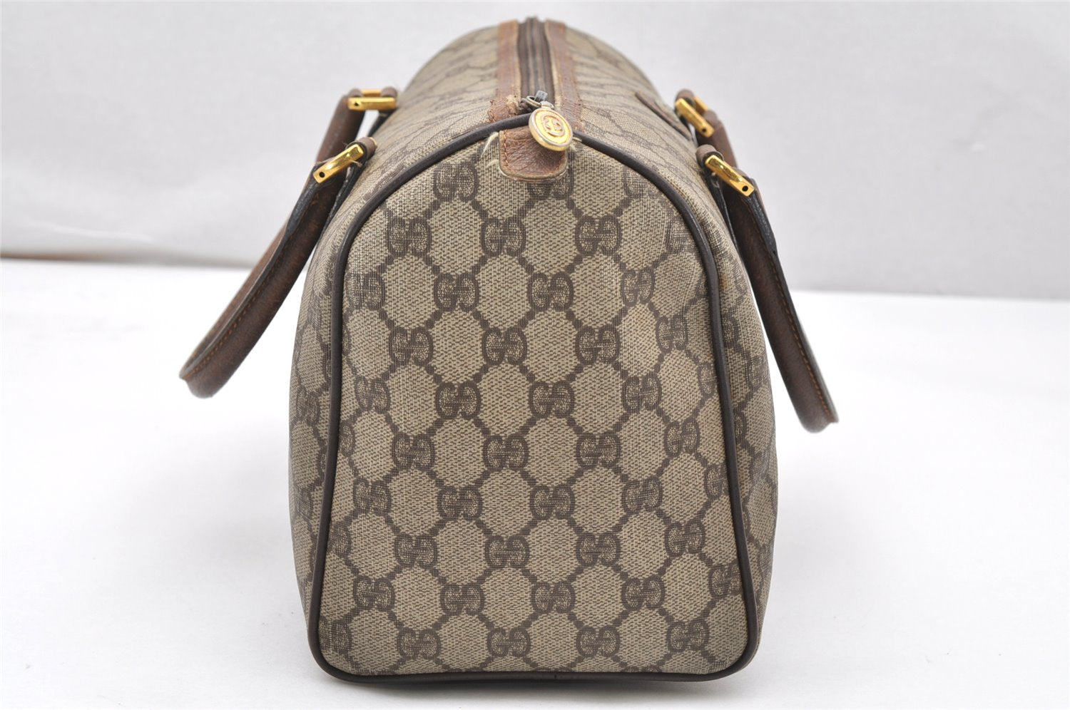 Authentic GUCCI Vintage Hand Boston Bag Purse GG PVC Leather Brown 5687K