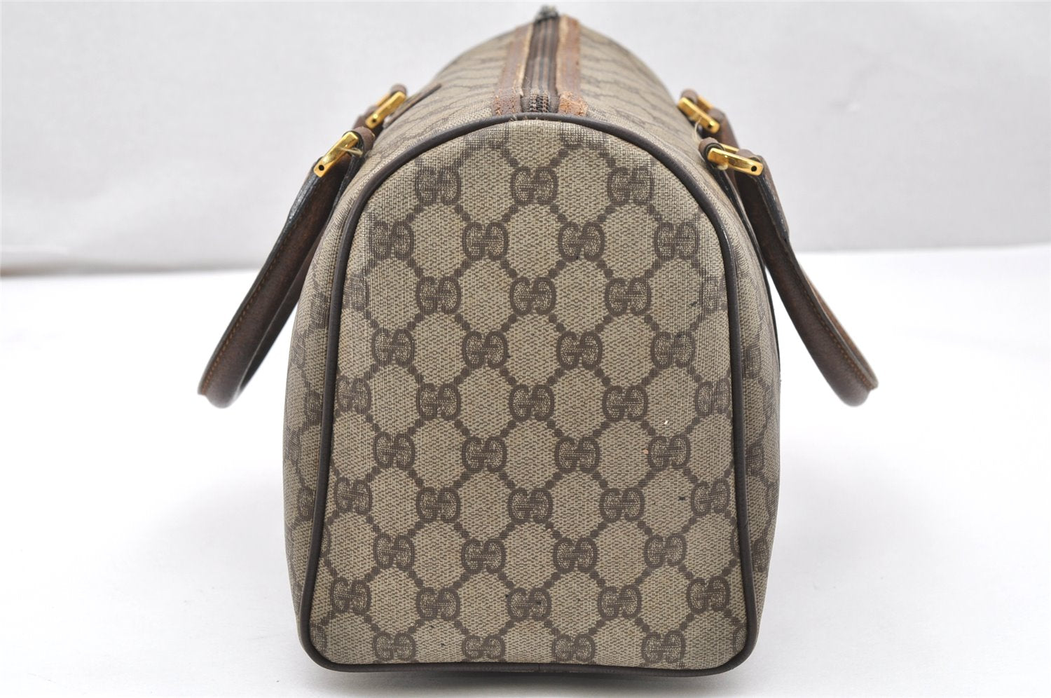 Authentic GUCCI Vintage Hand Boston Bag Purse GG PVC Leather Brown 5687K