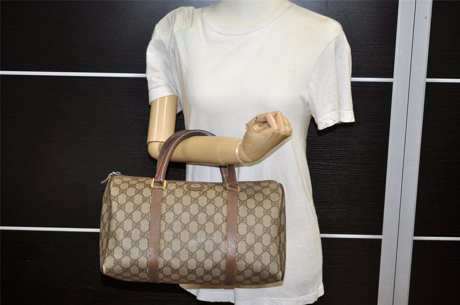 Authentic GUCCI Vintage Hand Boston Bag Purse GG PVC Leather Brown 5687K