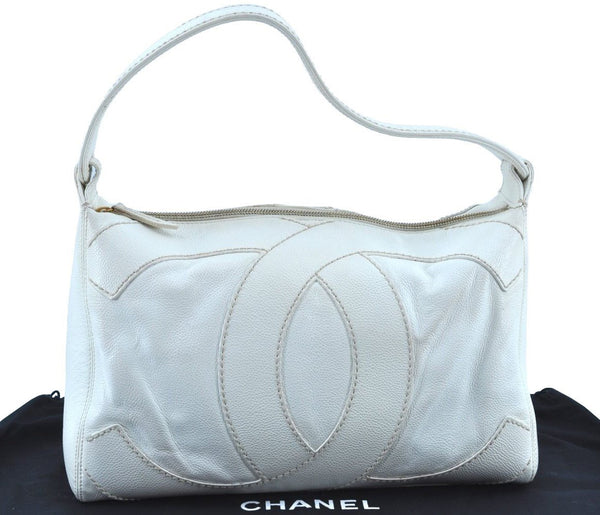 Authentic CHANEL Vintage Caviar Skin CoCo Mark Shoulder Tote Bag White 5698H