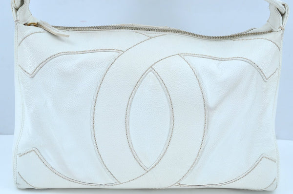 Authentic CHANEL Vintage Caviar Skin CoCo Mark Shoulder Tote Bag White 5698H