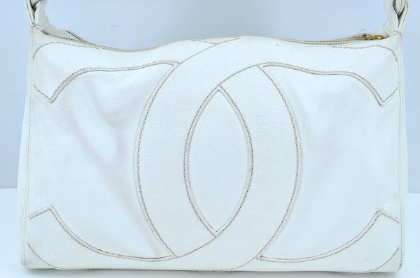 Authentic CHANEL Vintage Caviar Skin CoCo Mark Shoulder Tote Bag White 5698H