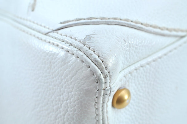 Authentic CHANEL Vintage Caviar Skin CoCo Mark Shoulder Tote Bag White 5698H