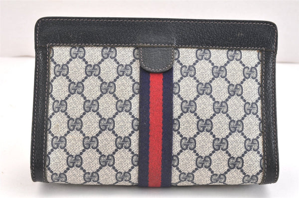 Authentic GUCCI Sherry Line Clutch Hand Bag Purse GG PVC Leather Navy Junk 5703K