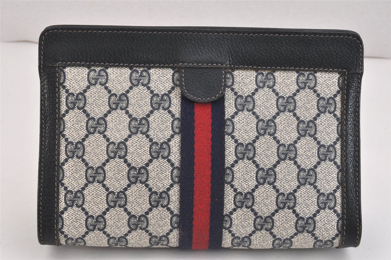 Authentic GUCCI Sherry Line Clutch Hand Bag Purse GG PVC Leather Navy Junk 5703K