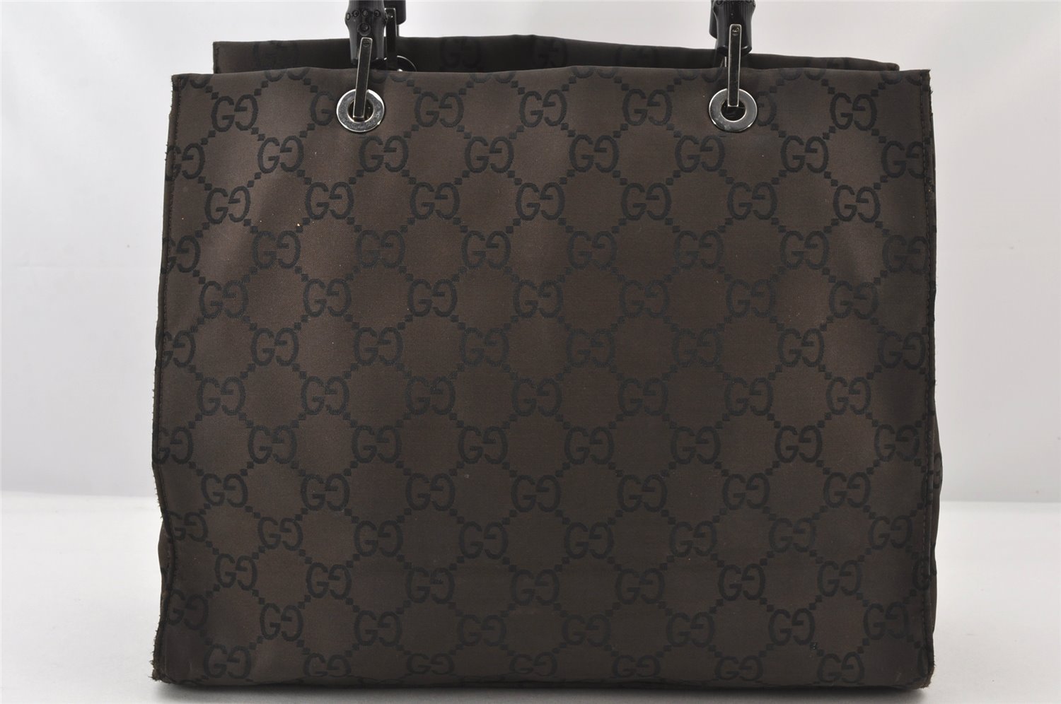Authentic GUCCI Bamboo Hand Bag GG Nylon Leather 0021010 Black Brown 5711K