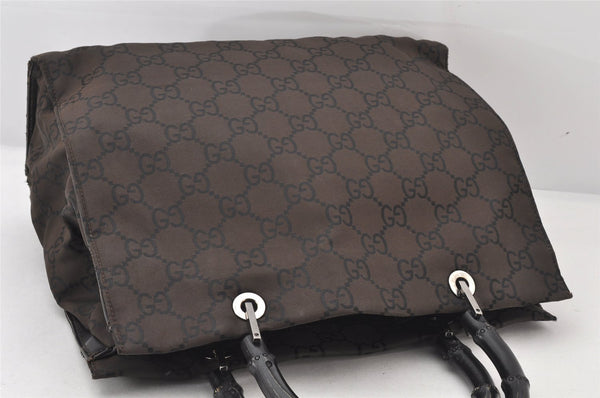 Authentic GUCCI Bamboo Hand Bag GG Nylon Leather 0021010 Black Brown 5711K