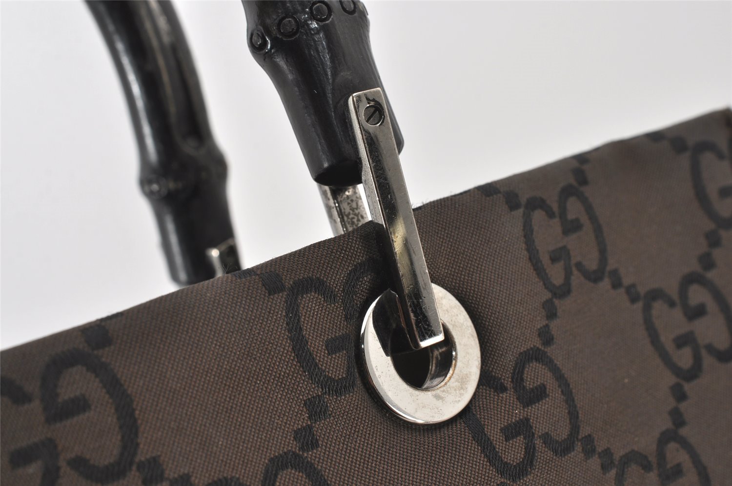Authentic GUCCI Bamboo Hand Bag GG Nylon Leather 0021010 Black Brown 5711K