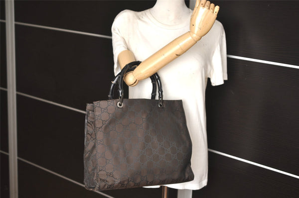 Authentic GUCCI Bamboo Hand Bag GG Nylon Leather 0021010 Black Brown 5711K