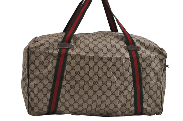Authentic GUCCI Web Sherry Line Boston Hand Bag GG PVC Leather Brown 5720J