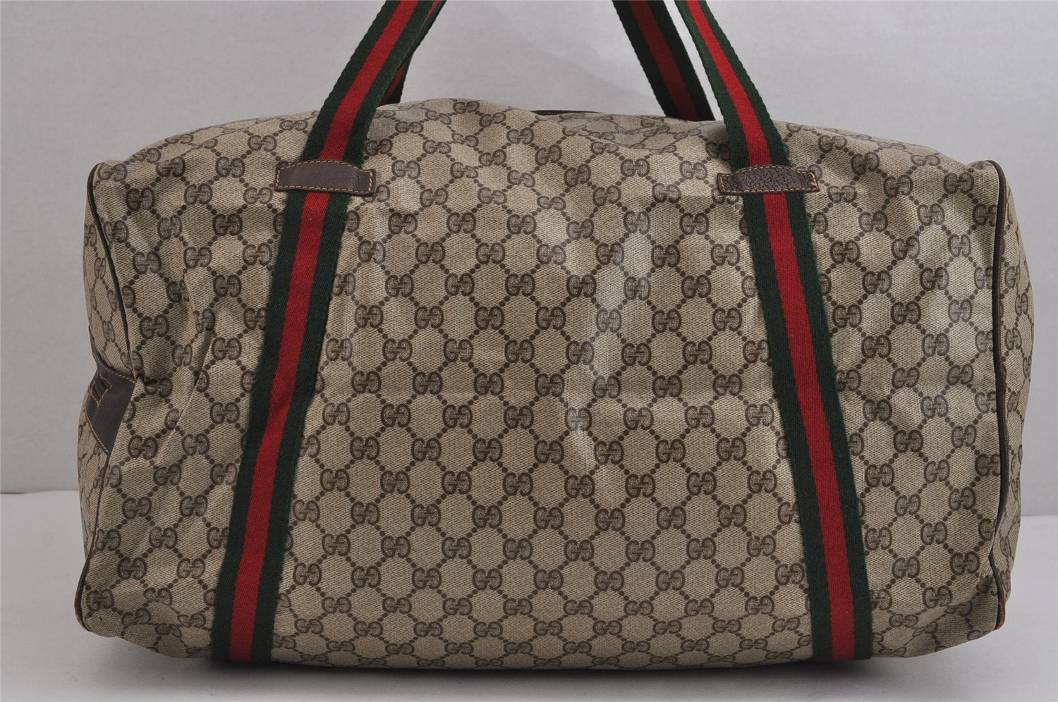 Authentic GUCCI Web Sherry Line Boston Hand Bag GG PVC Leather Brown 5720J