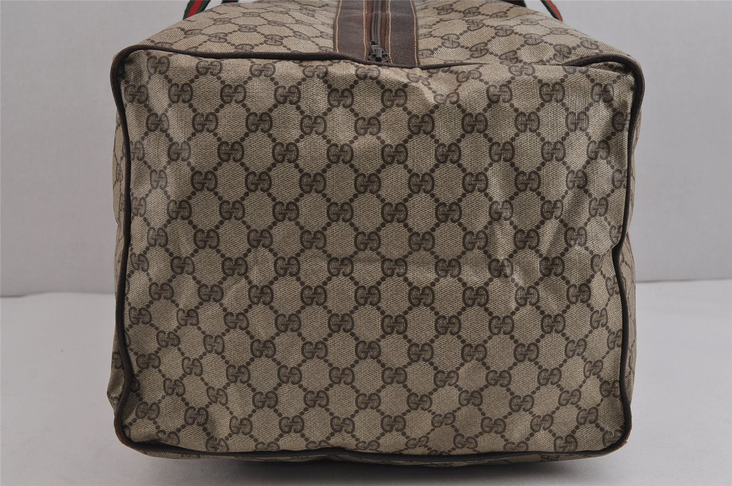 Authentic GUCCI Web Sherry Line Boston Hand Bag GG PVC Leather Brown 5720J