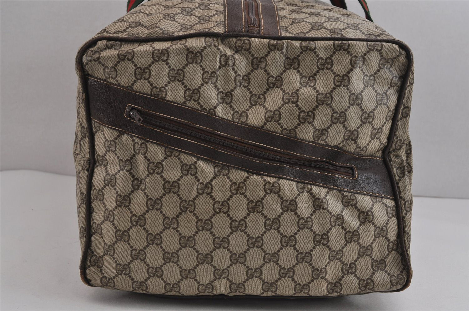 Authentic GUCCI Web Sherry Line Boston Hand Bag GG PVC Leather Brown 5720J