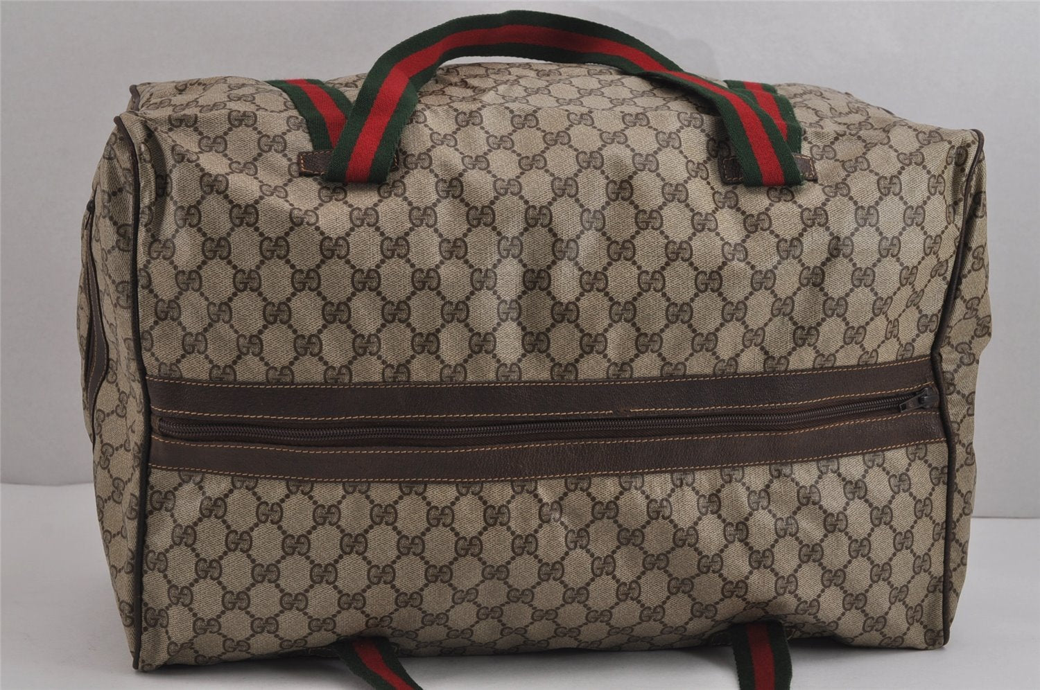 Authentic GUCCI Web Sherry Line Boston Hand Bag GG PVC Leather Brown 5720J